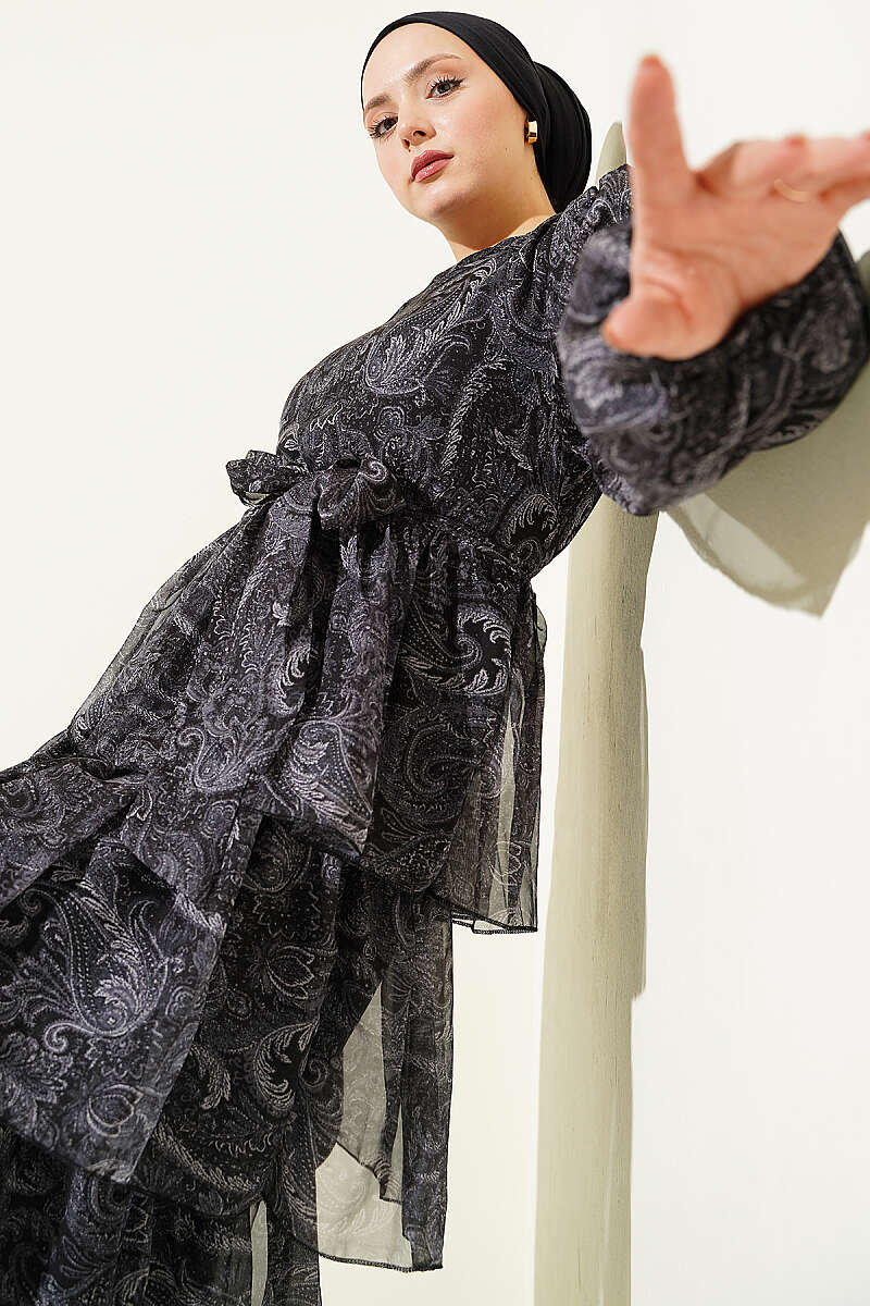 Paisley Desen Kat Kat Şifon Elbise Siyah