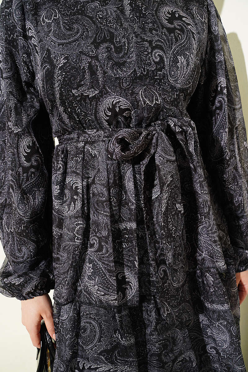 Paisley Desen Kat Kat Şifon Elbise Siyah