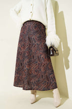 Paisley Desenli Kloş Etek Lacivert