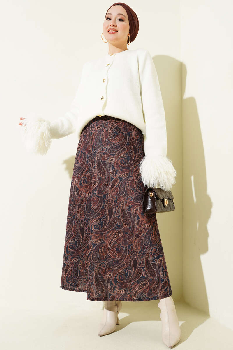 Paisley Desenli Kloş Etek Lacivert