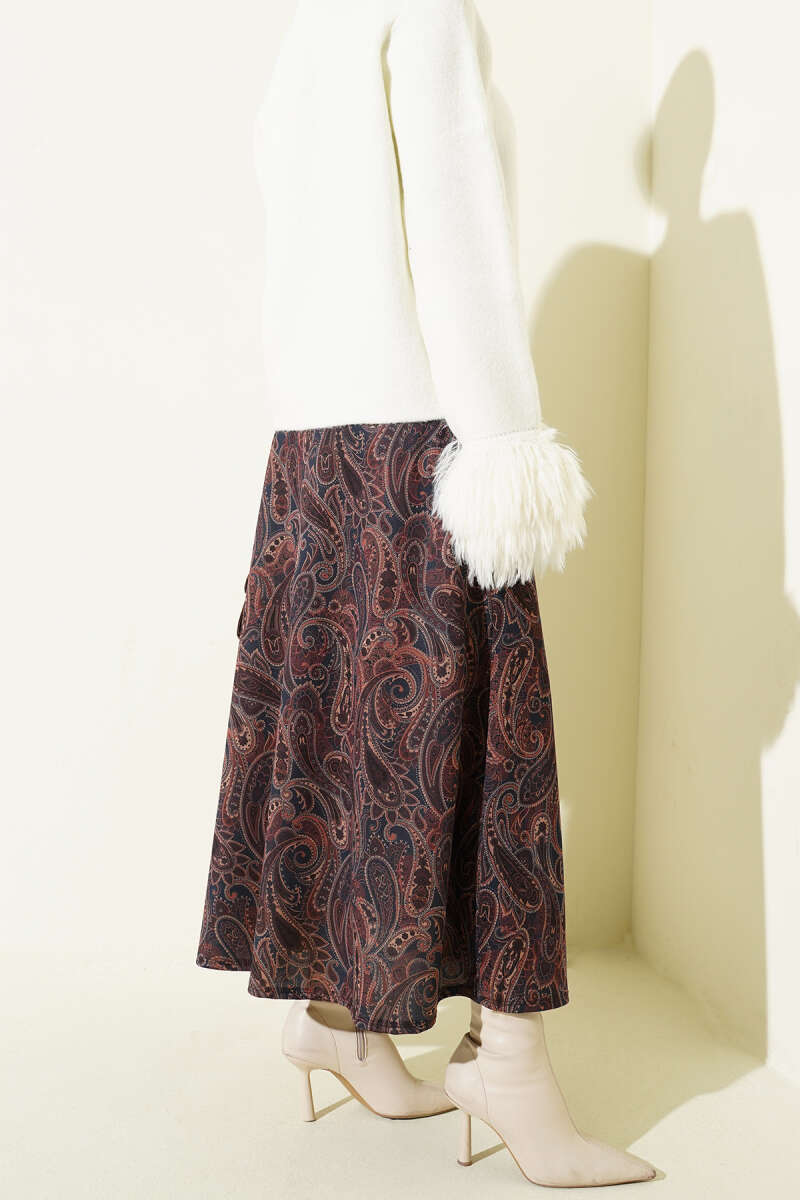 Paisley Desenli Kloş Etek Lacivert