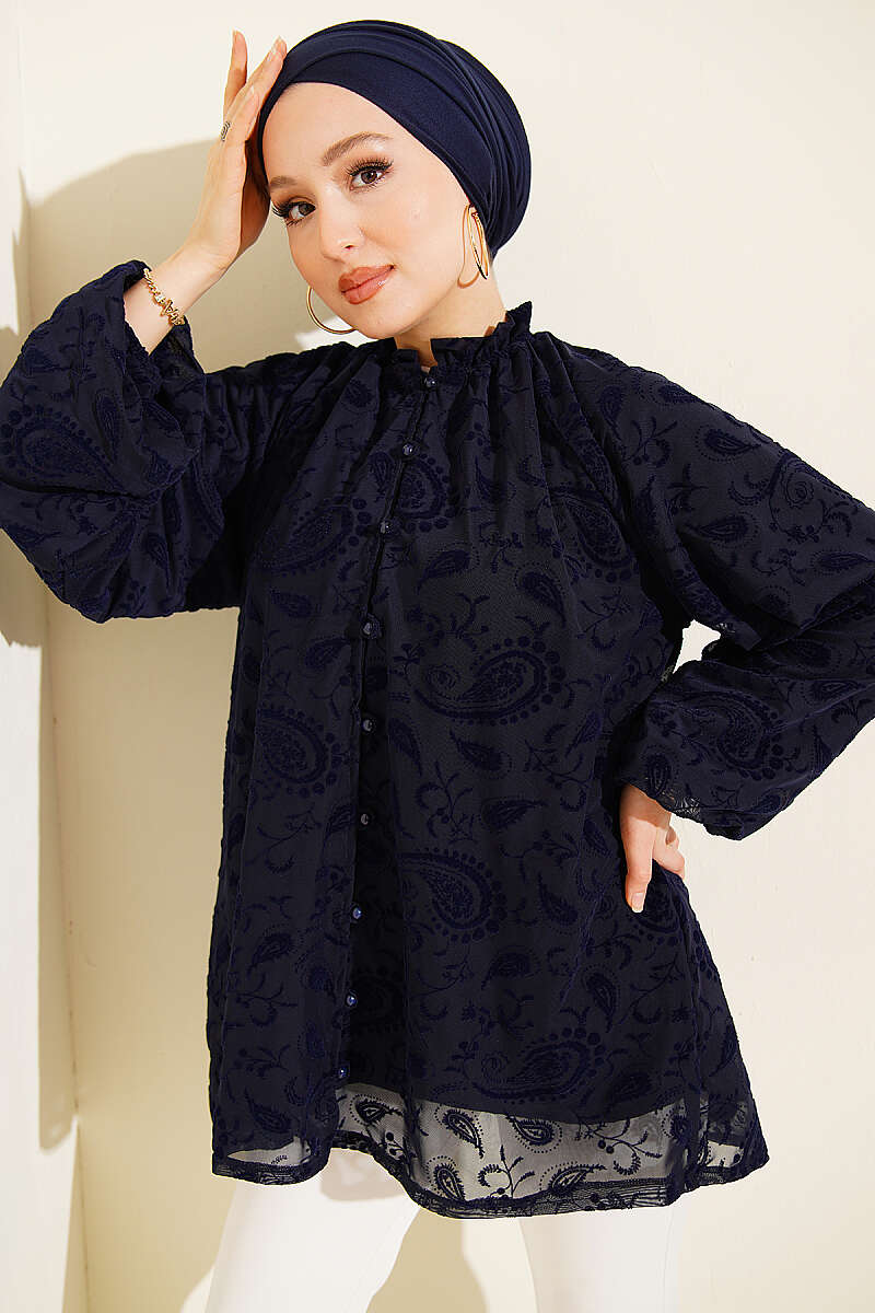 Paisley Desenli Tül Gömlek Lacivert