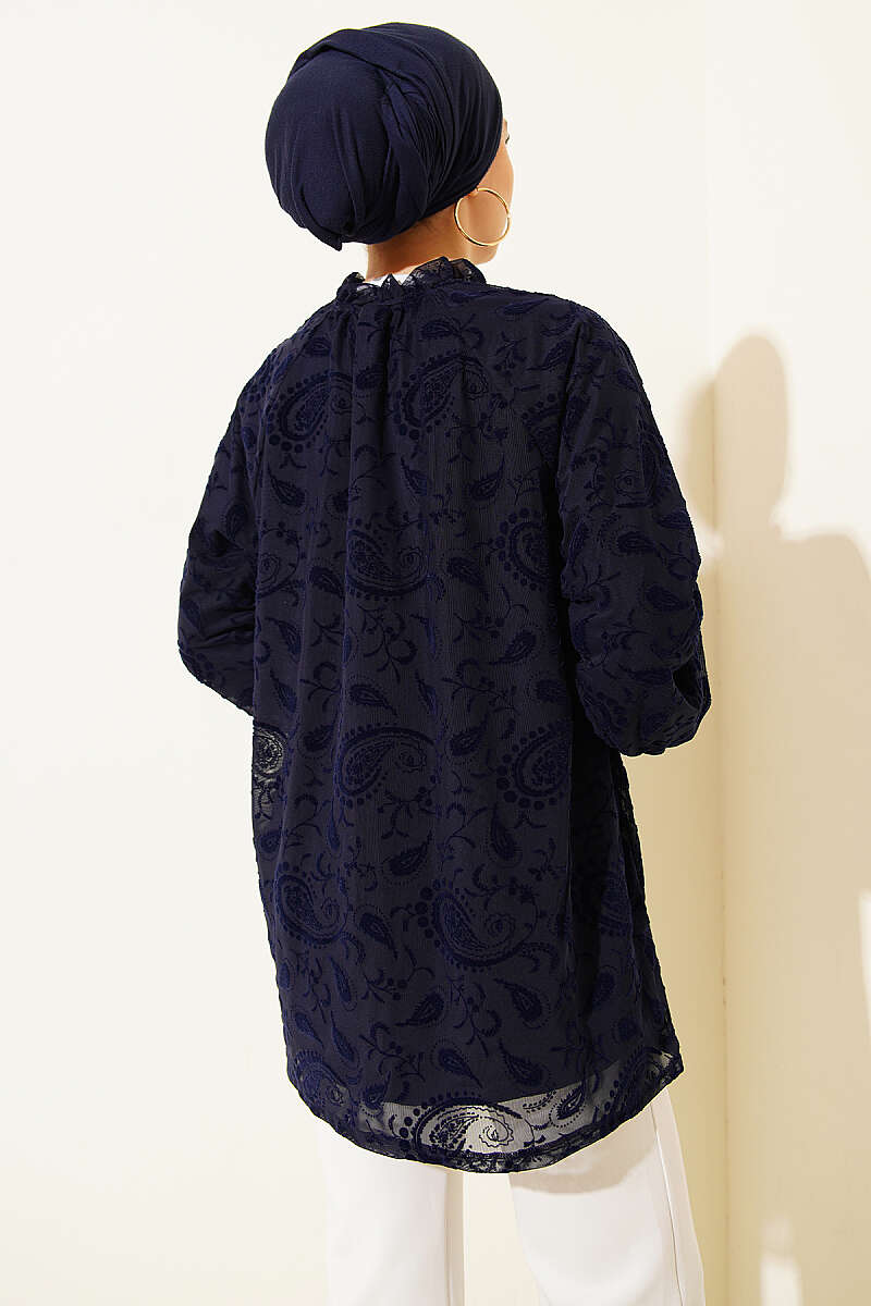 Paisley Desenli Tül Gömlek Lacivert