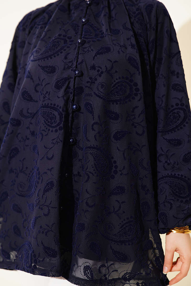 Paisley Desenli Tül Gömlek Lacivert