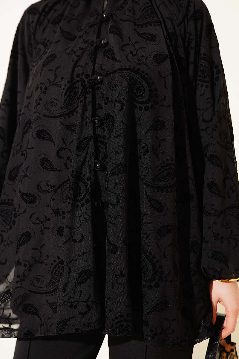 Paisley Desenli Tül Gömlek Siyah