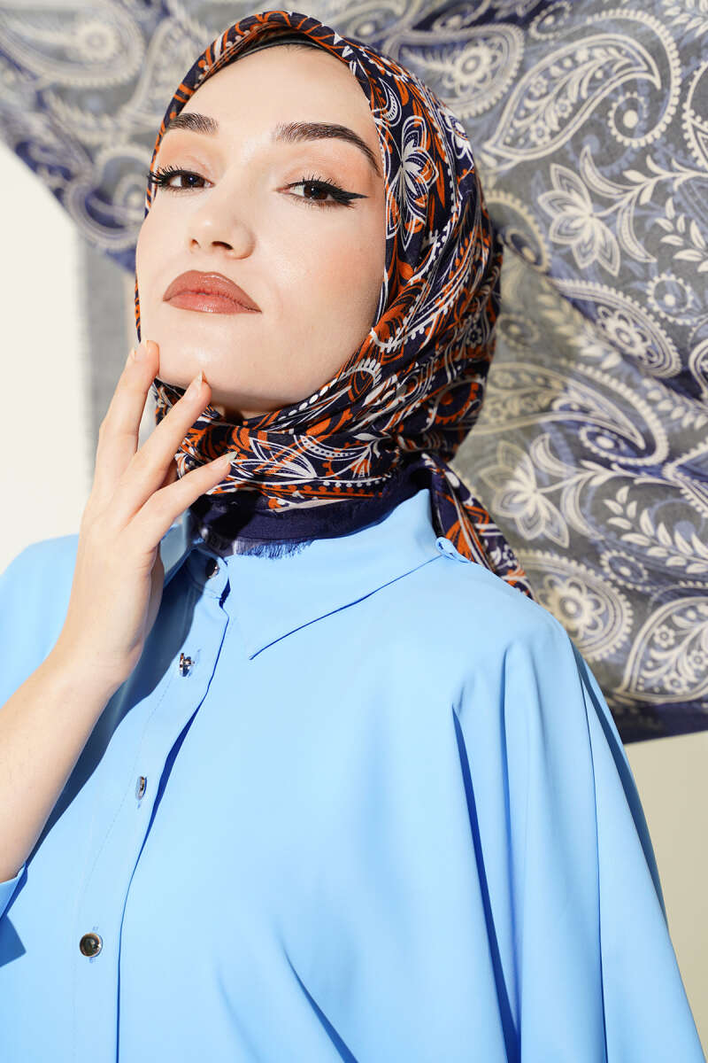 Paisley Flamu Cotton Eşarp Lacivert
