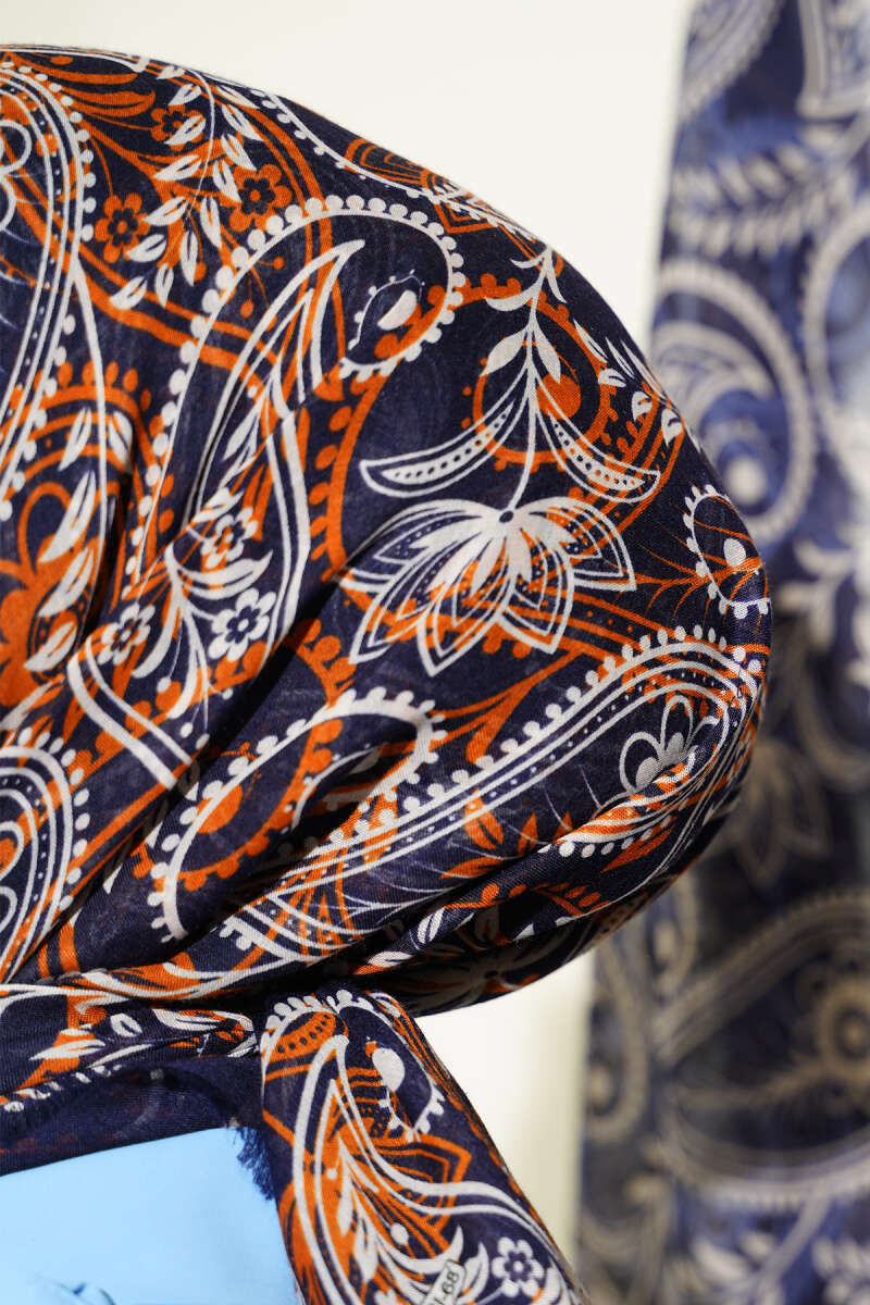 Paisley Flamu Cotton Eşarp Lacivert