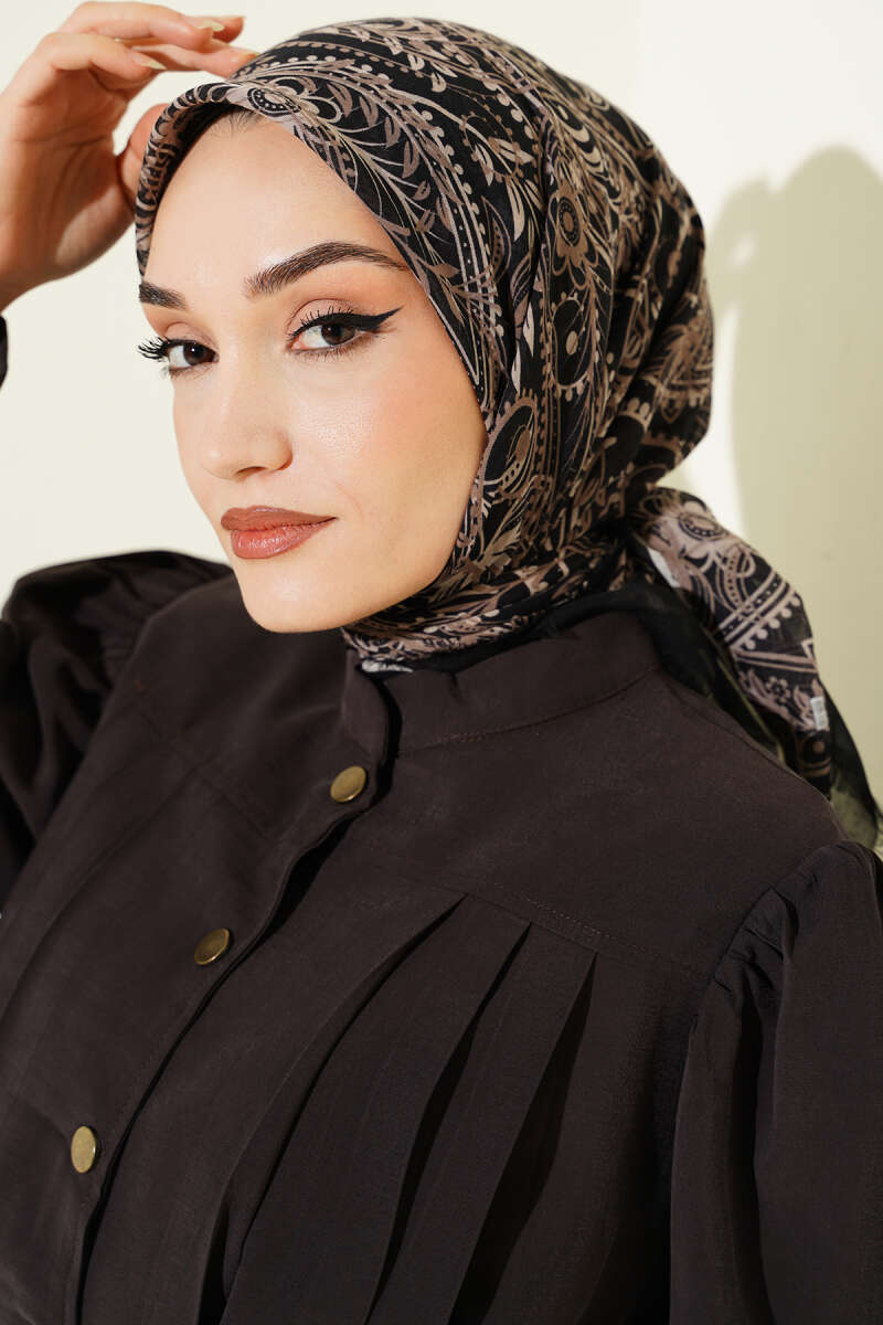Paisley Flamu Cotton Eşarp Siyah Bej