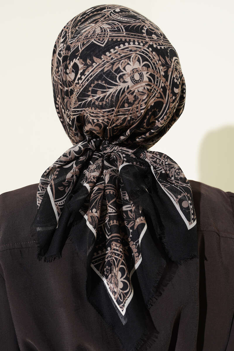 Paisley Flamu Cotton Eşarp Siyah Bej