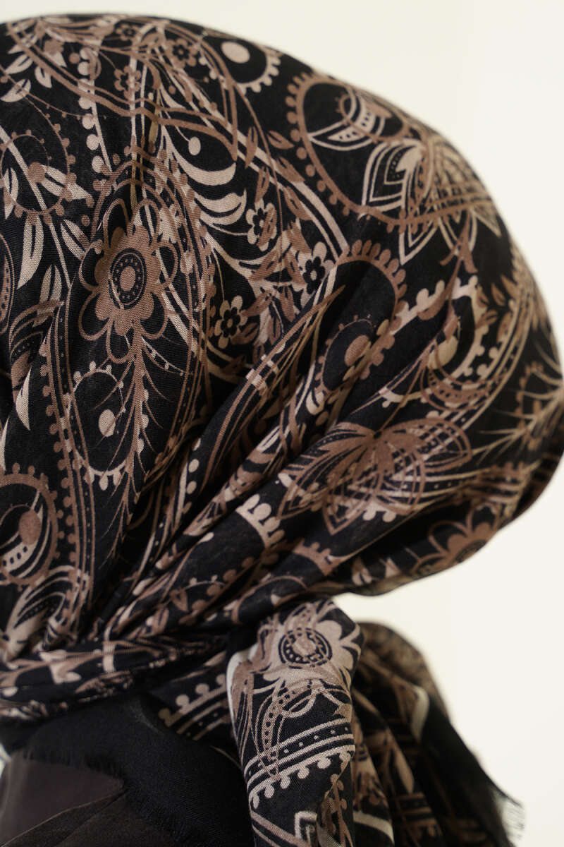 Paisley Flamu Cotton Eşarp Siyah Bej