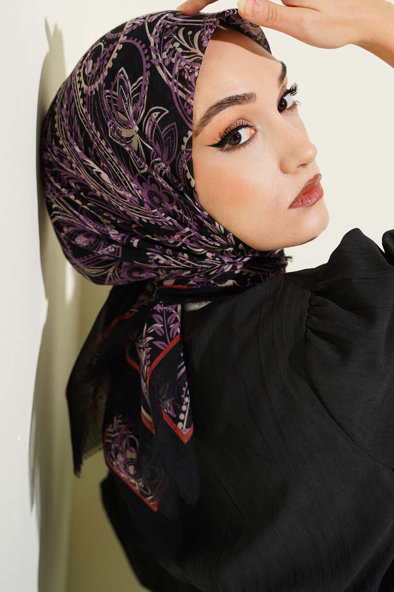 Paisley Flamu Cotton Eşarp Siyah Lila