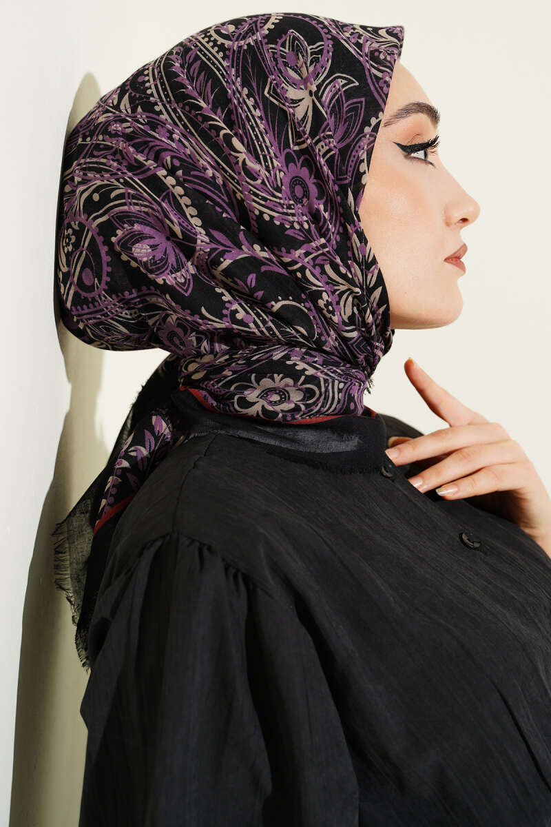 Paisley Flamu Cotton Eşarp Siyah Lila