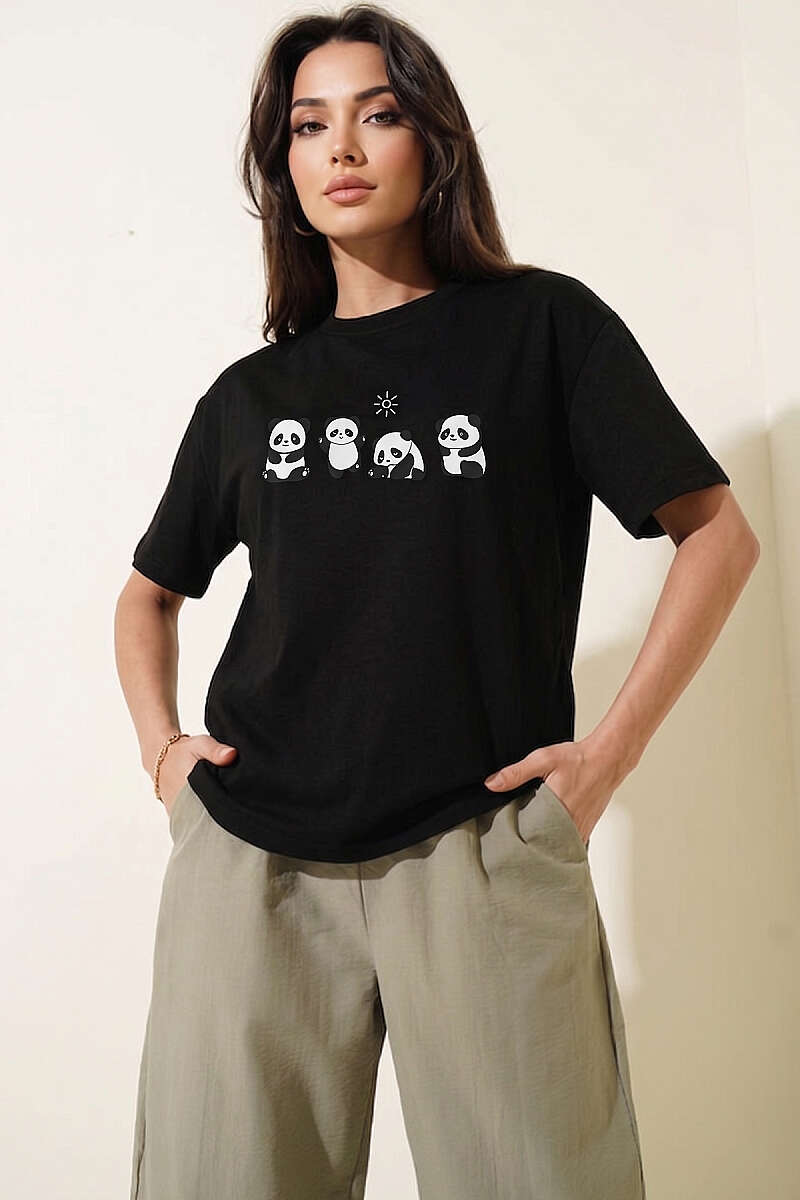 Panda Baskılı T-shirt Siyah