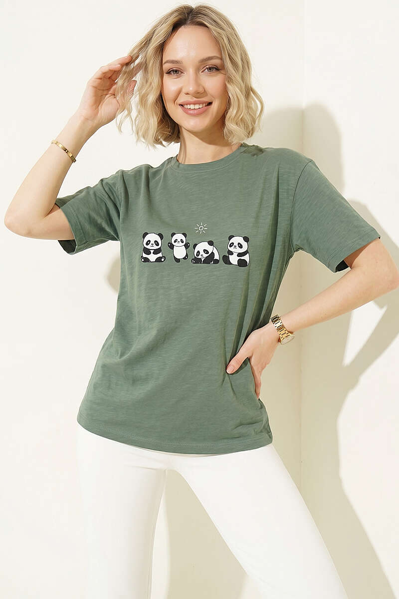 Panda Baskılı T-shirt Yeşil
