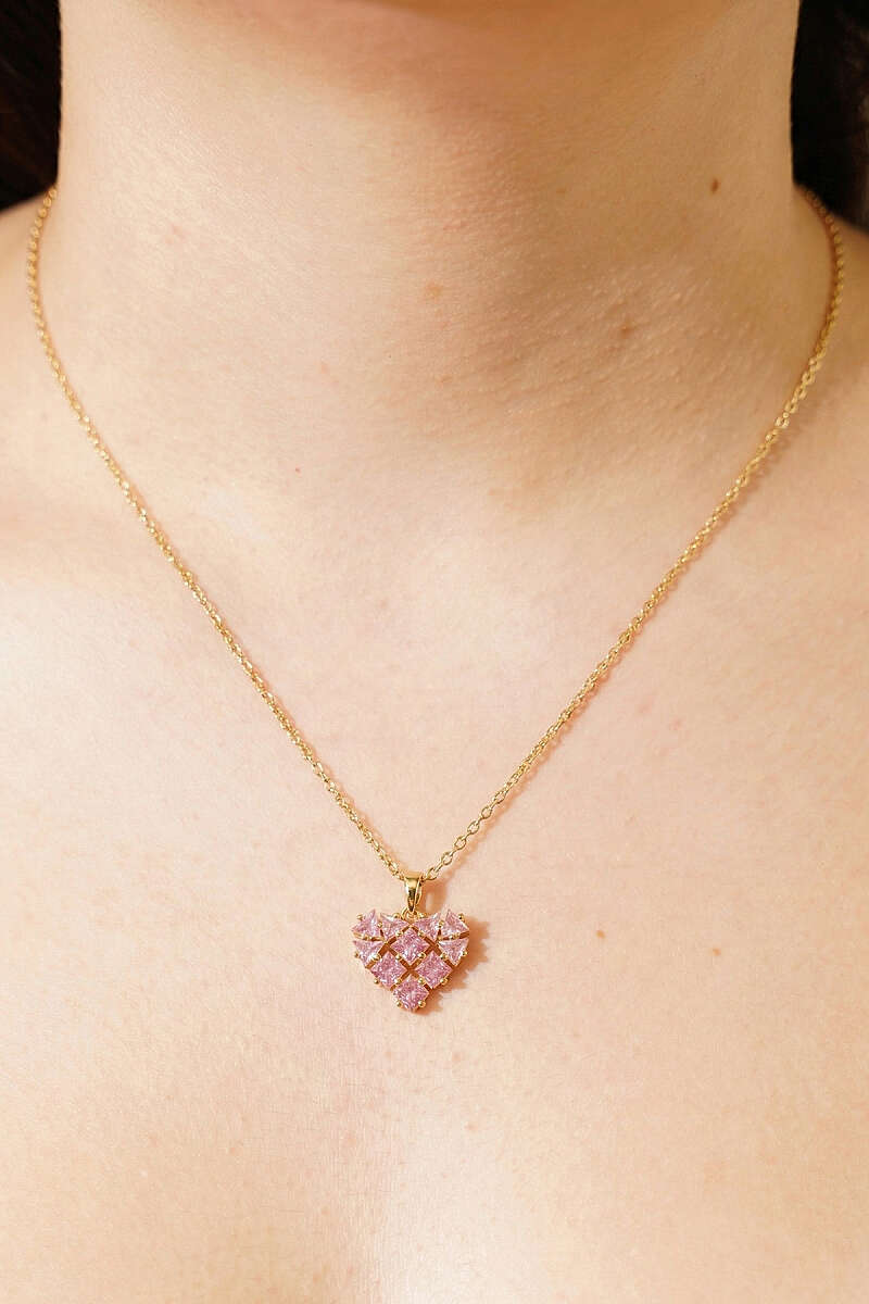 Pembe Taşlı Geometrik Kalp Kolye