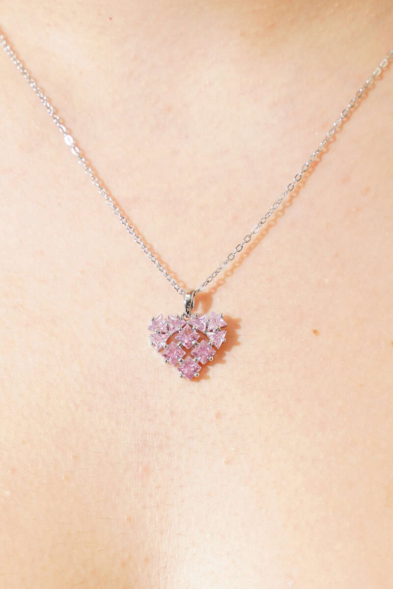 Pembe Taşlı Geometrik Kalp Kolye