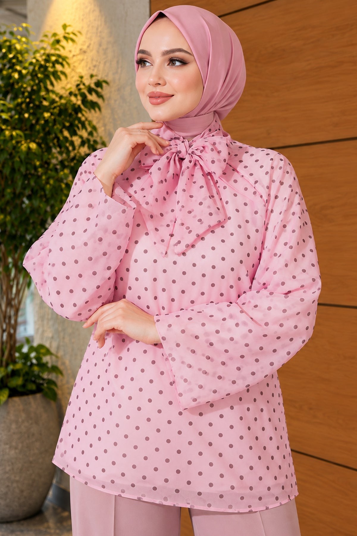Chiffon Tunic with Polka Dot Collar Ties