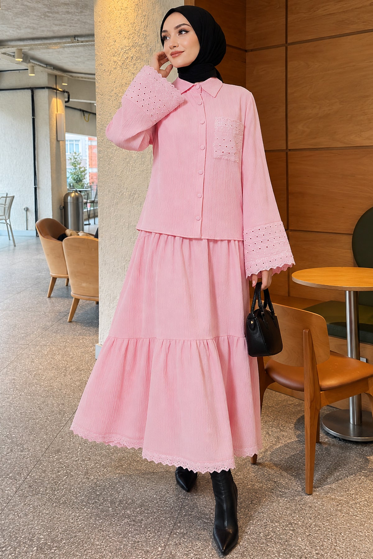 Crinkle Skirt Double Set with Pocket and Wrist Brodge