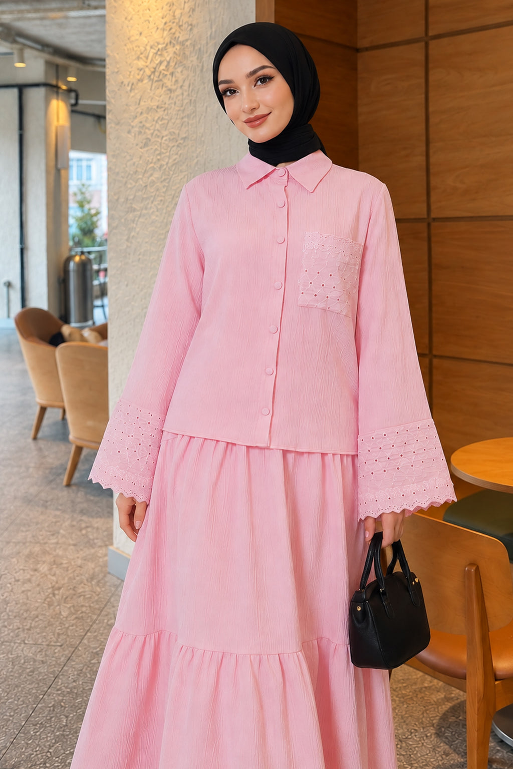 Crinkle Skirt Double Set with Pocket and Wrist Brodge