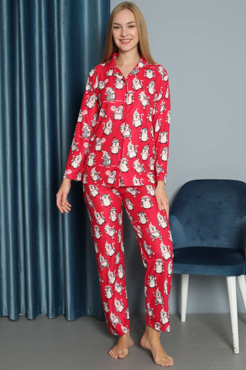 Penguen Desen Süet Pijama Takımı Fuşya