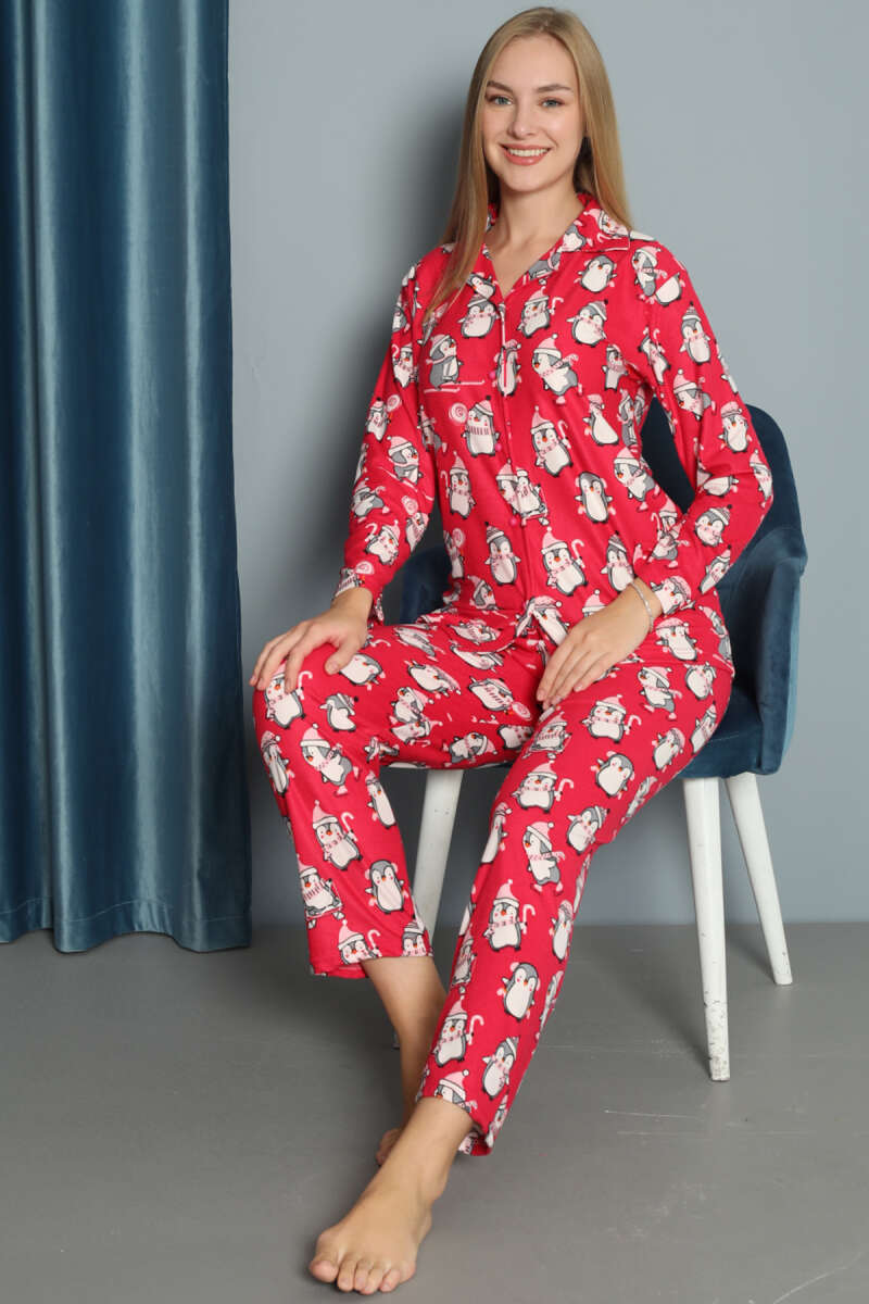 Penguen Desen Süet Pijama Takımı Fuşya