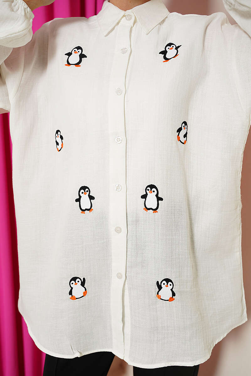 Penguen Nakışlı Müslin Gömlek