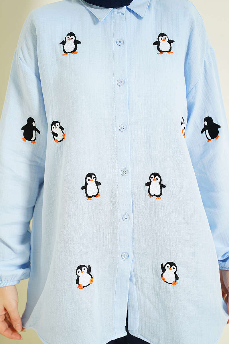 Penguen Nakışlı Müslin Gömlek Mavi
