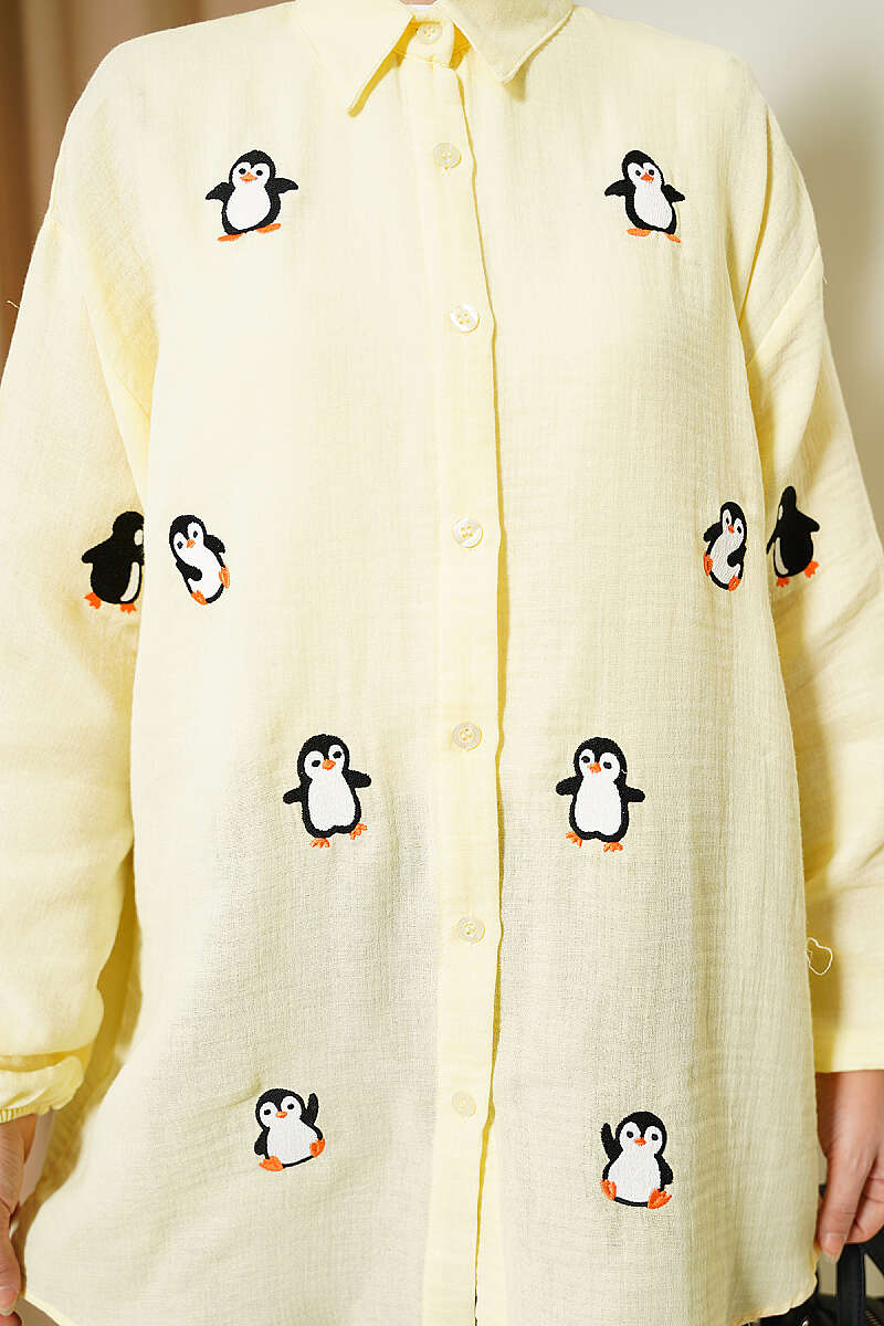 Penguen Nakışlı Müslin Gömlek Sarı