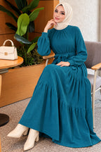 High Collar Self-Patterned Knit Dress Camel