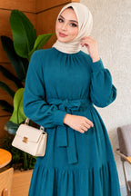 High Collar Self-Patterned Knit Dress Camel