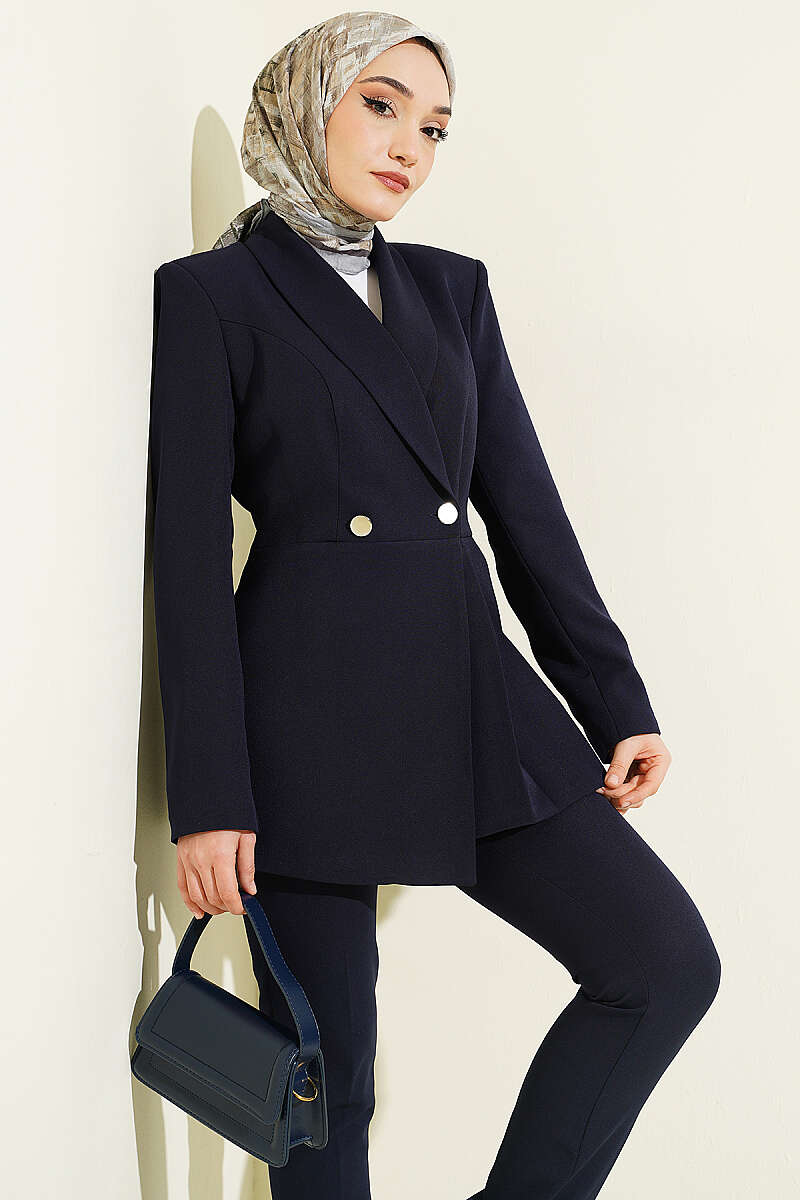 Pile Detaylı Blazer Ceketli İkili Takım Lacivert