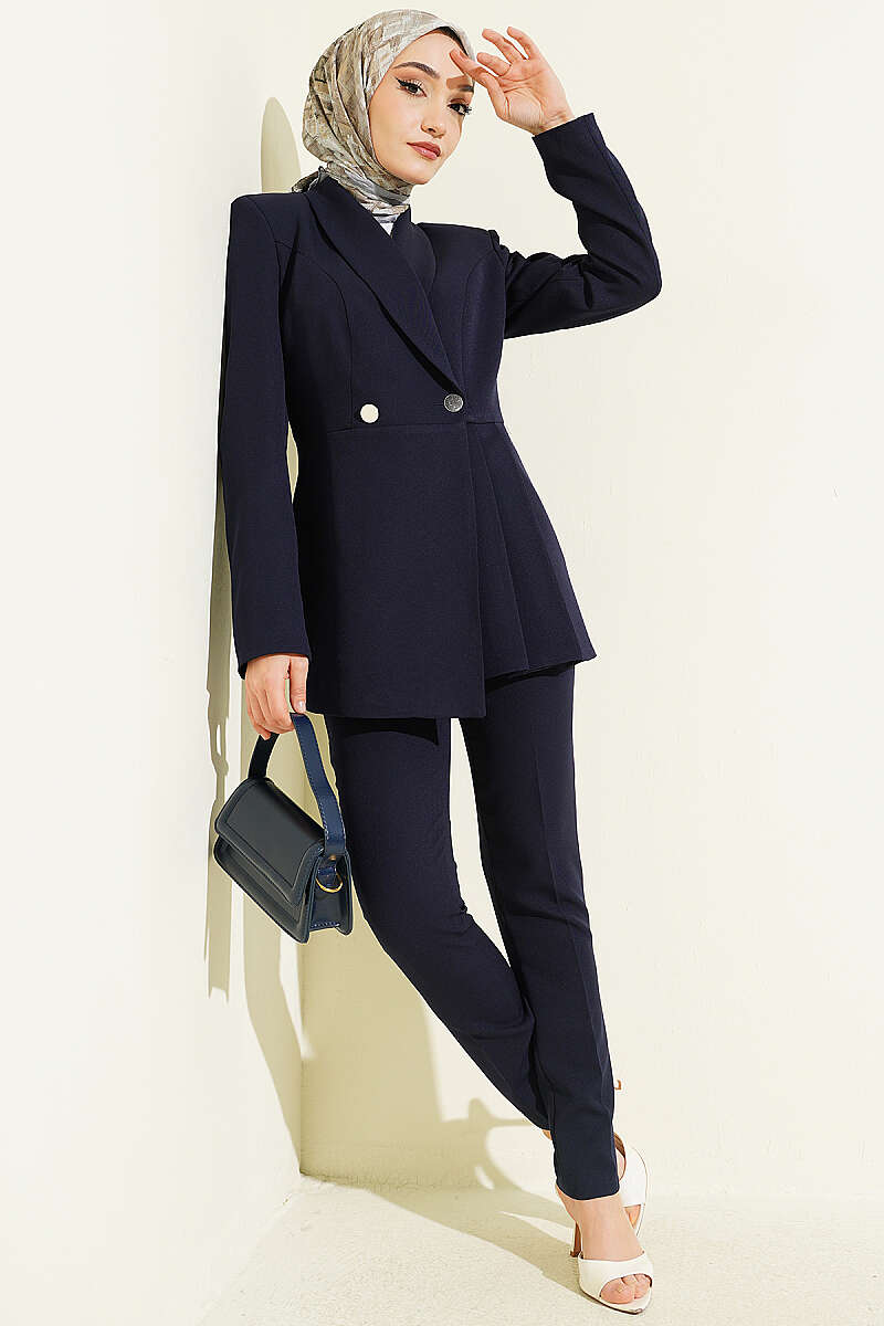 Pile Detaylı Blazer Ceketli İkili Takım Lacivert