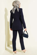 Pile Detaylı Blazer Ceketli İkili Takım Lacivert