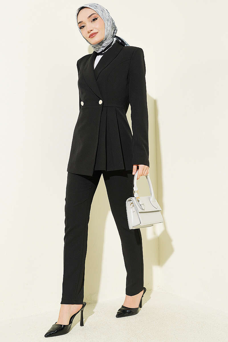 Pile Detaylı Blazer Ceketli İkili Takım Siyah