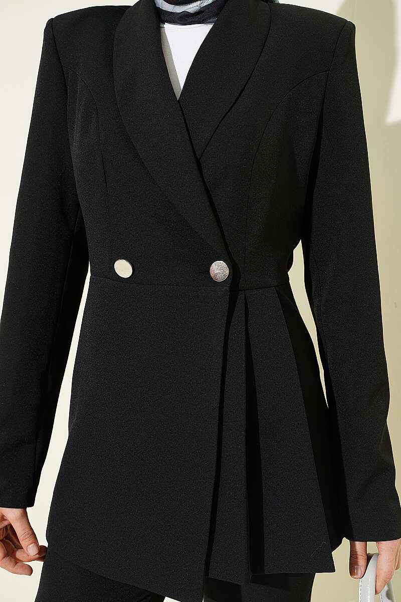 Pile Detaylı Blazer Ceketli İkili Takım Siyah