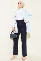 Pile Detaylı Bol Paça Pantolon Lacivert
