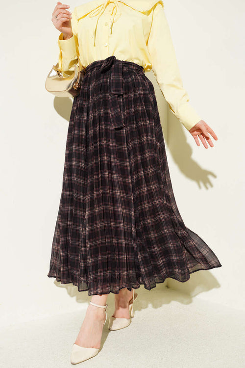 Pileli Kuşaklı Ekoseli Şifon Etek Acı Kahve