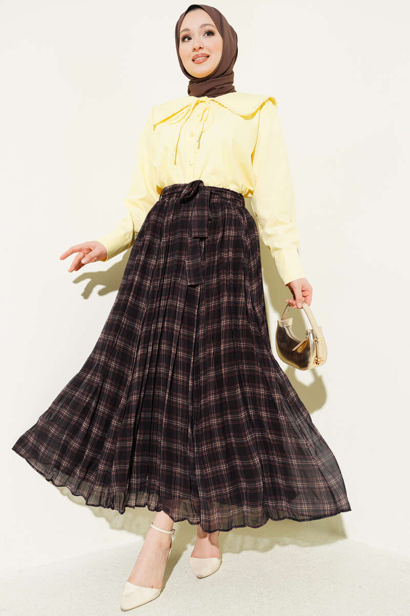 Pileli Kuşaklı Ekoseli Şifon Etek Acı Kahve