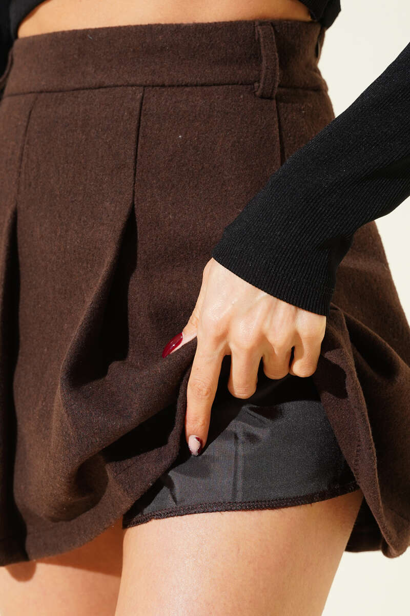 Pileli Şort Astarlı Kaşe Mini Etek