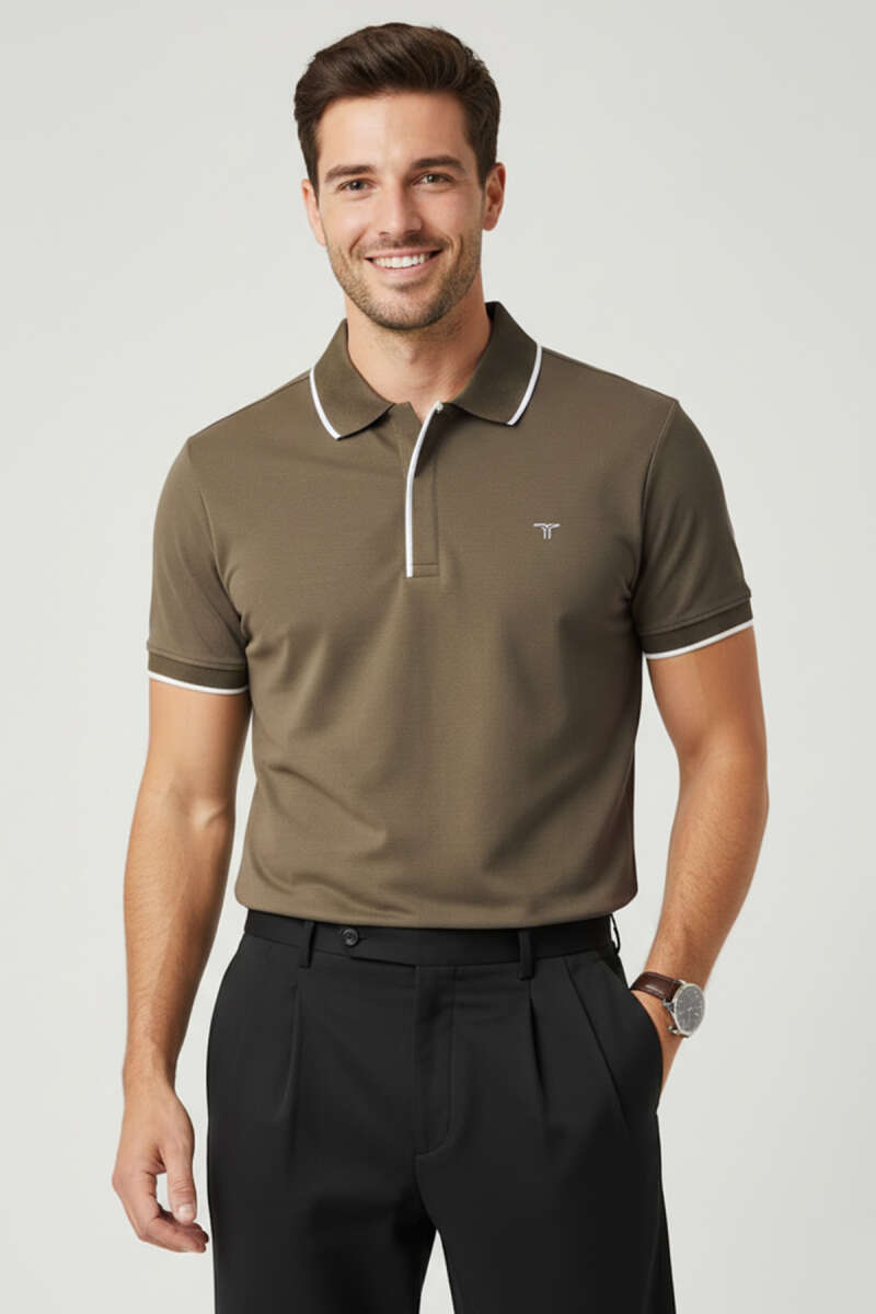 Polo Gizli Fermuarlı Erkek T-shirt Vizon