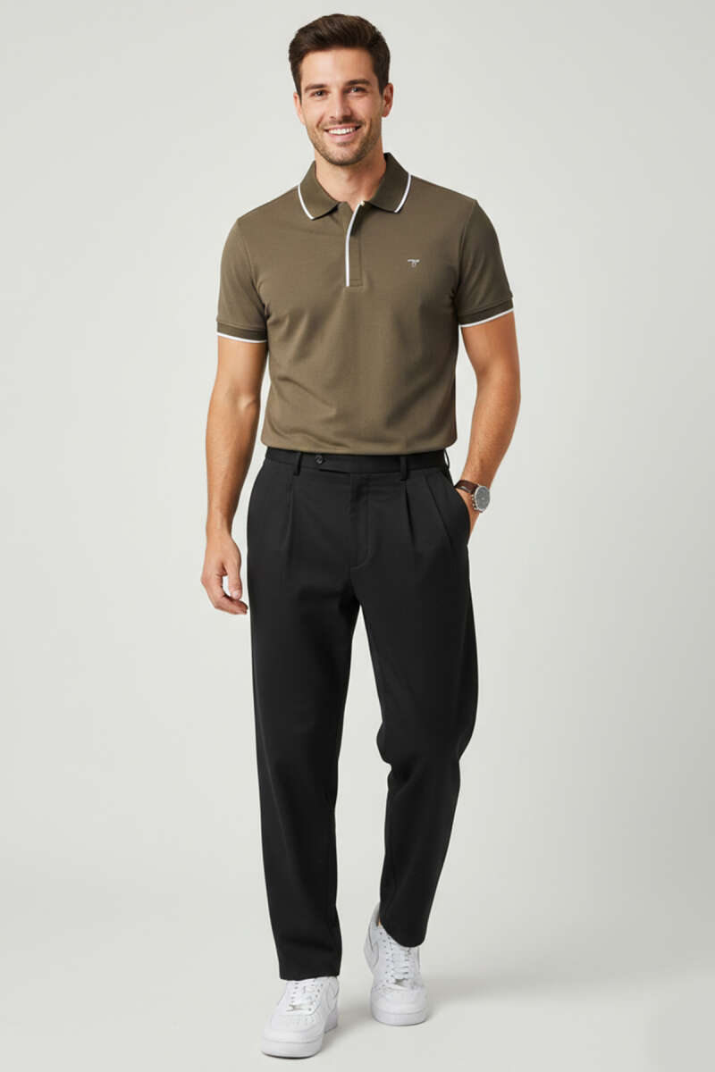 Polo Gizli Fermuarlı Erkek T-shirt Vizon