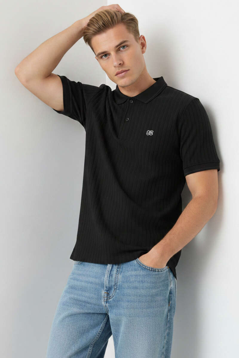 Polo Yaka Arma Detaylı Erkek T-shirt Siyah