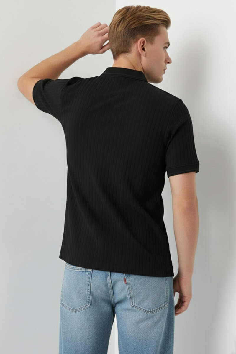Polo Yaka Arma Detaylı Erkek T-shirt Siyah