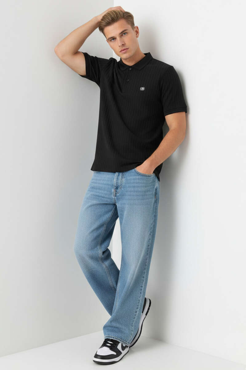 Polo Yaka Arma Detaylı Erkek T-shirt Siyah