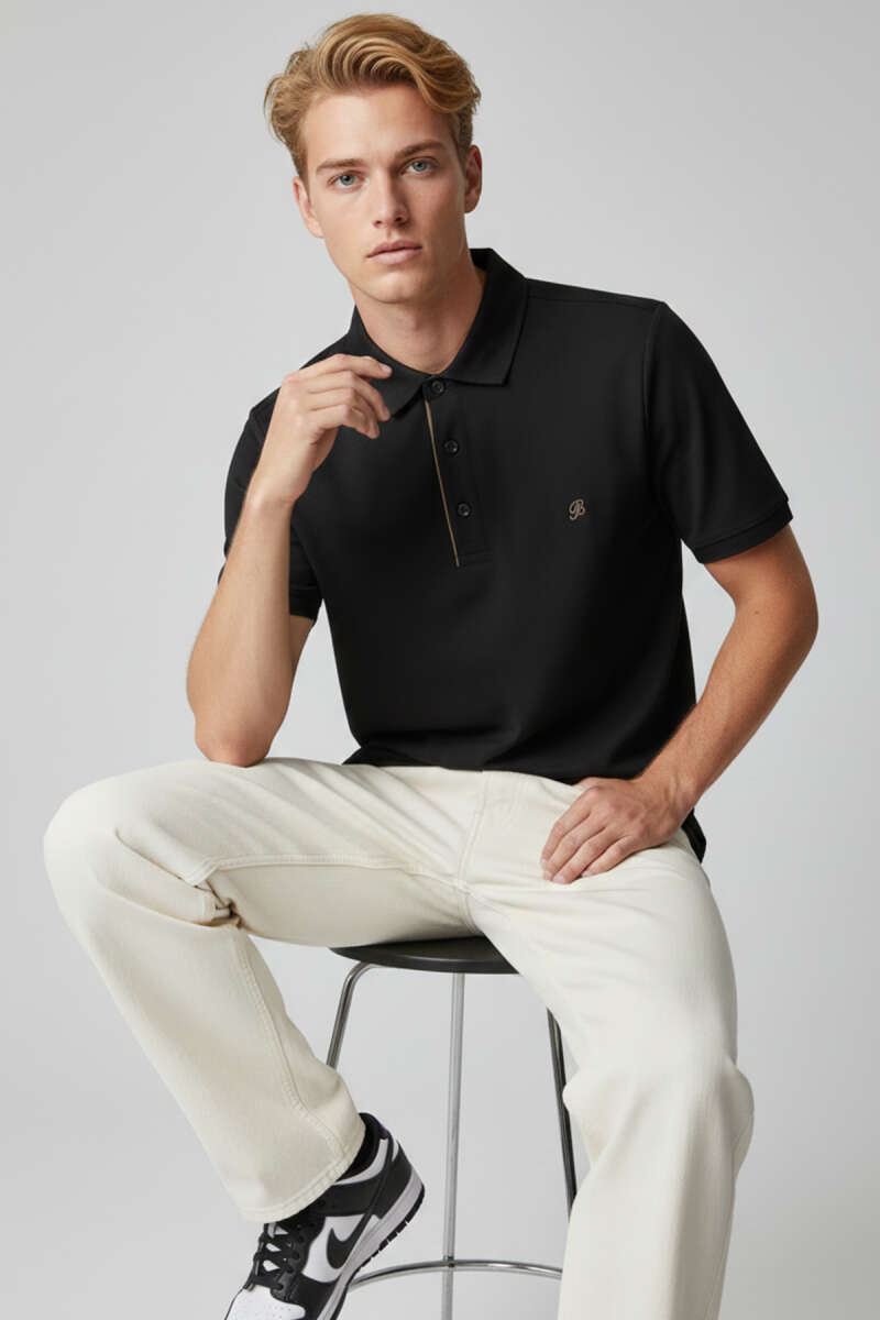 Polo Yaka Armalı Erkek T-shirt Siyah