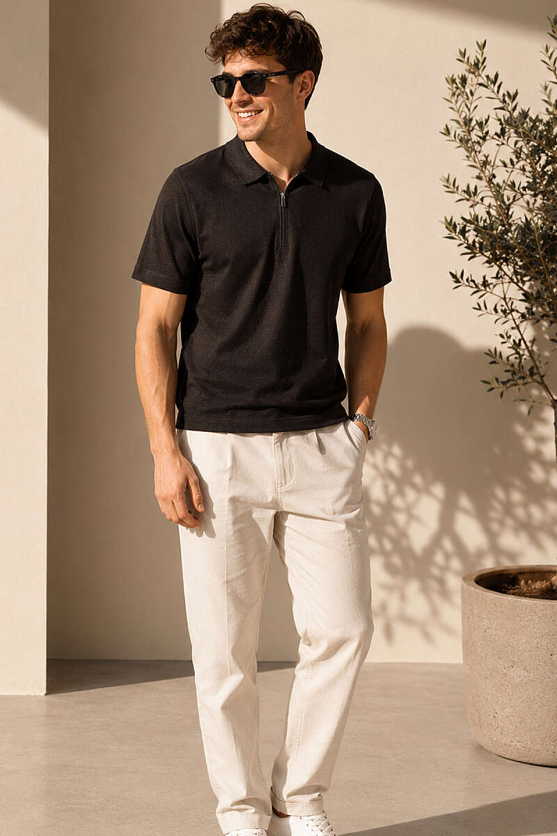 Polo Yaka Basic Fermuarlı T-shirt