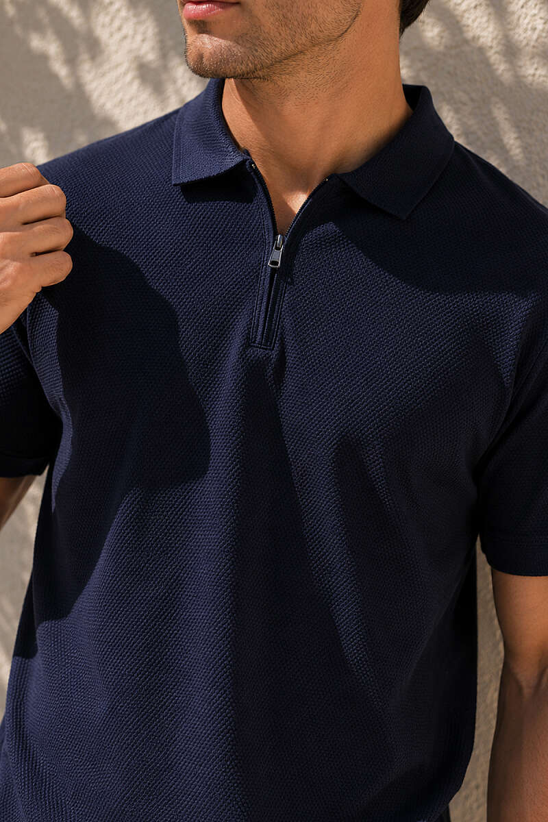 Polo Yaka Basic Fermuarlı T-shirt Lacivert