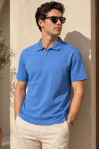 Polo Yaka Basic Fermuarlı T-shirt Mavi