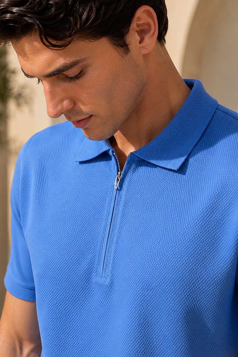 Polo Yaka Basic Fermuarlı T-shirt Mavi