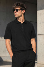 Polo Yaka Basic Fermuarlı T-shirt Siyah